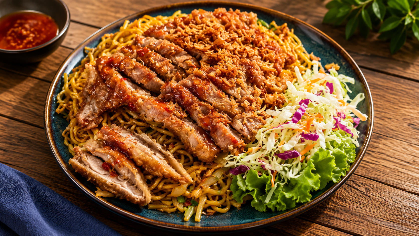Bratnudeln mit knusprigem Fleisch und frischem Salat