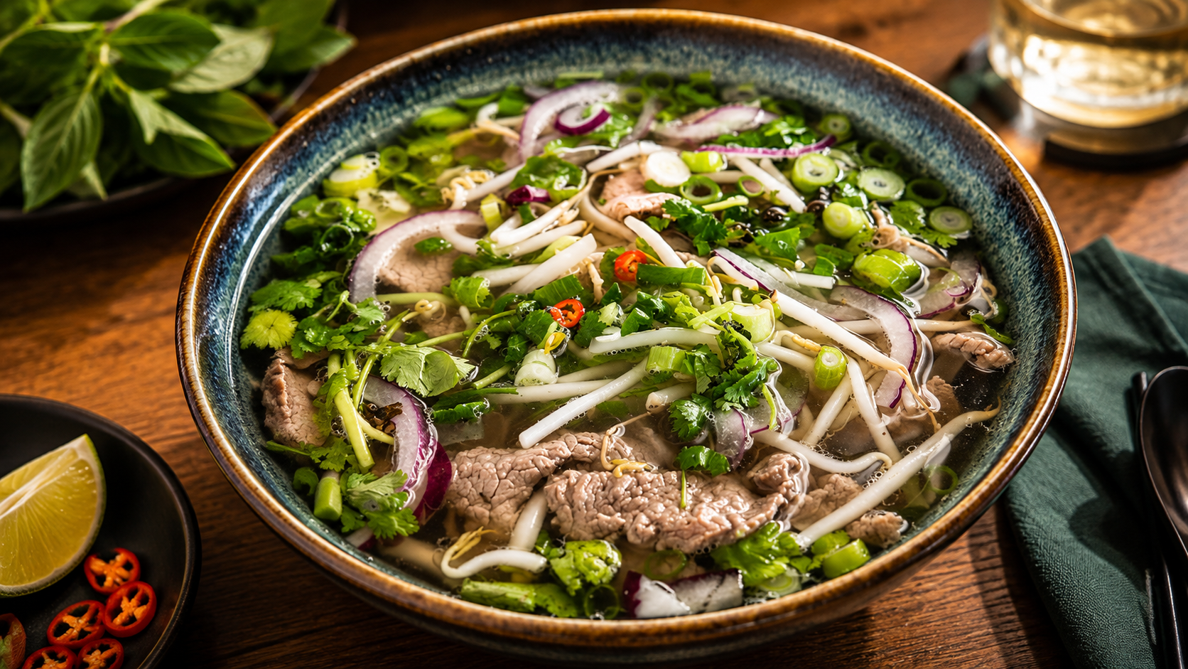 Pho Hanoi mit Rindfleisch und frischen Kräutern