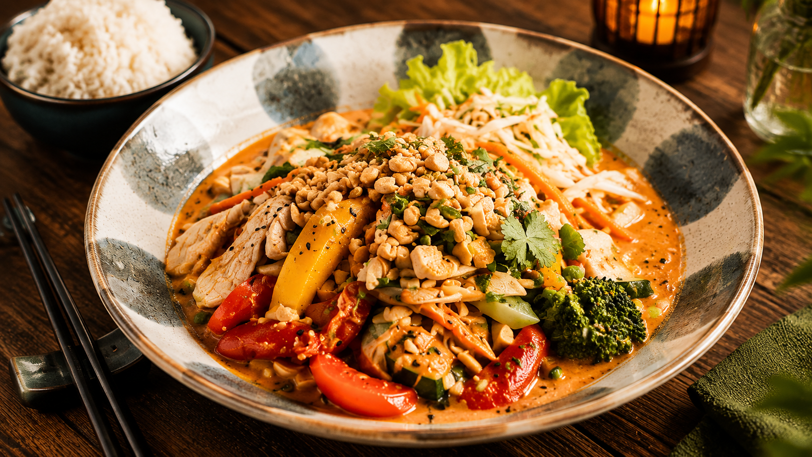 Saigon Curry mit Hähnchen, buntem Gemüse und Erdnüssen